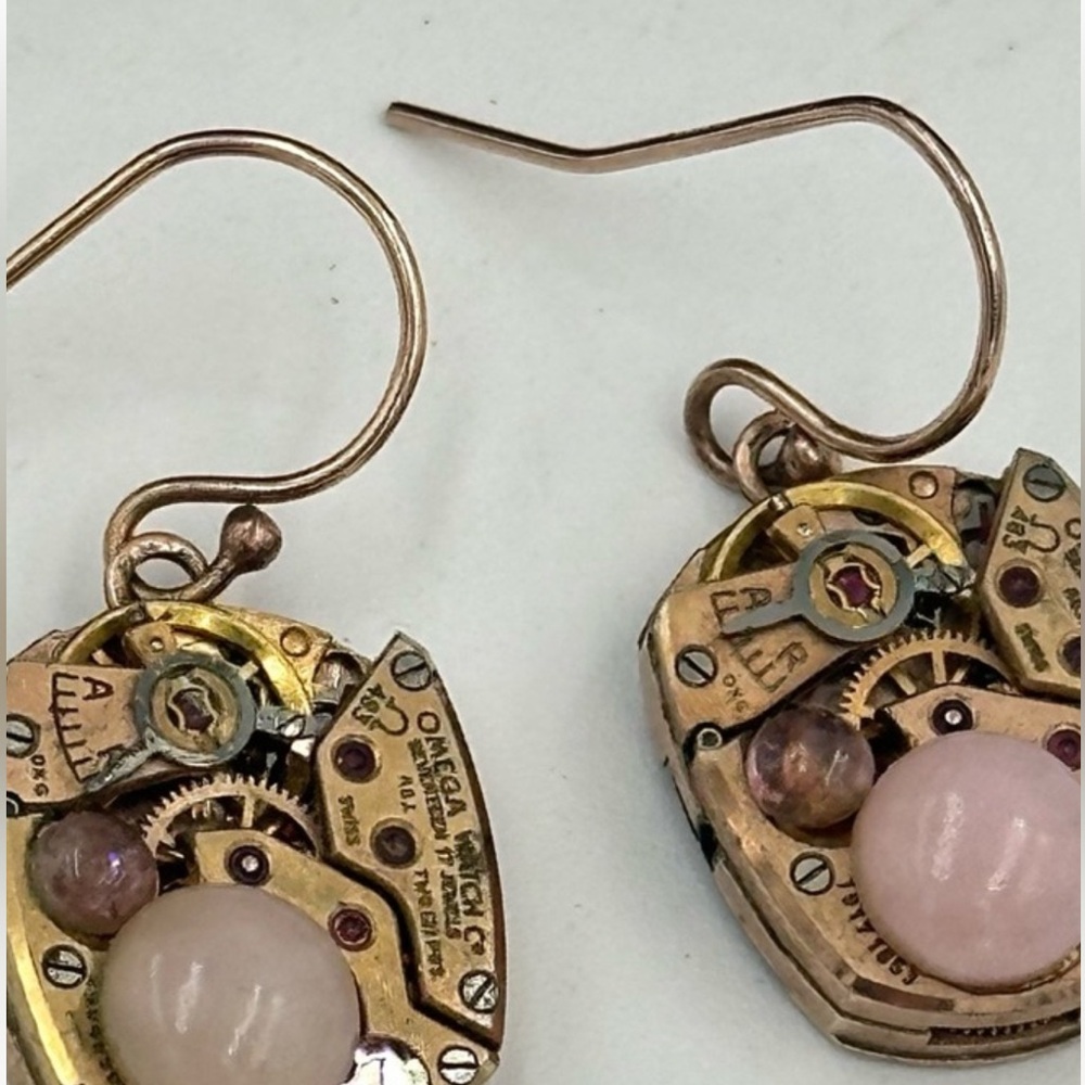 Rose Quartz on Omega Gold Watch 17 Jewels Movement Earrings Steampunk Handmade